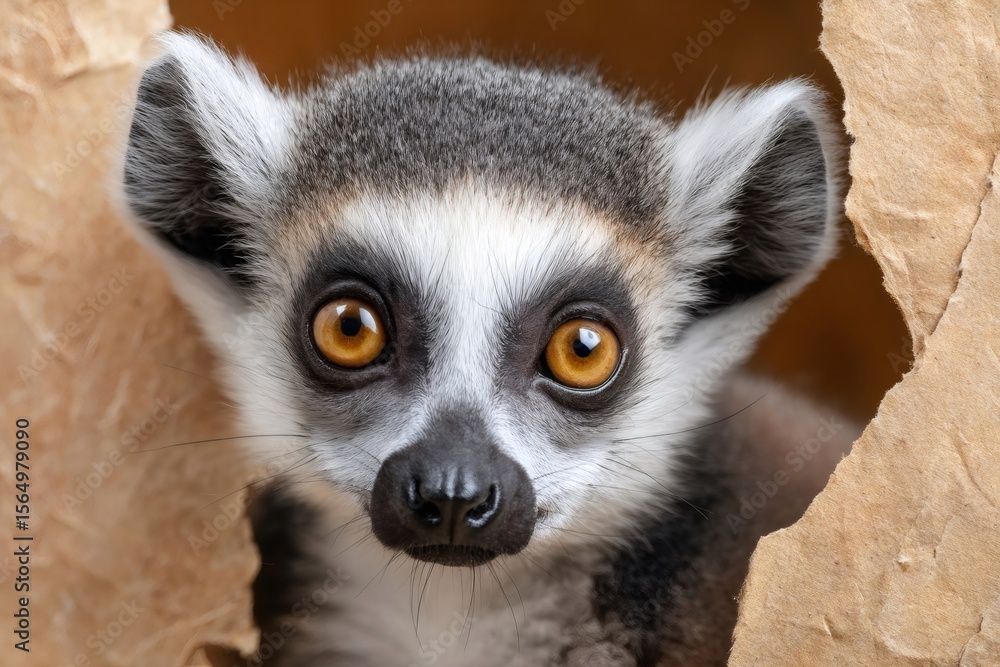 Obraz premium Ring tailed lemur peeking through hole in cardboard box