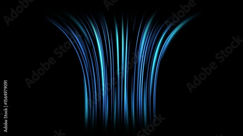 Cold air flow from conditioner effect. air light effect with blue rays. Freezing wind waves air blowing effect. Abstract directional optical fiber neon lines on black Background. Air cooling process