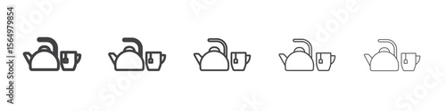 Teapot with teabag on cup icon Line graphics illustration symbol