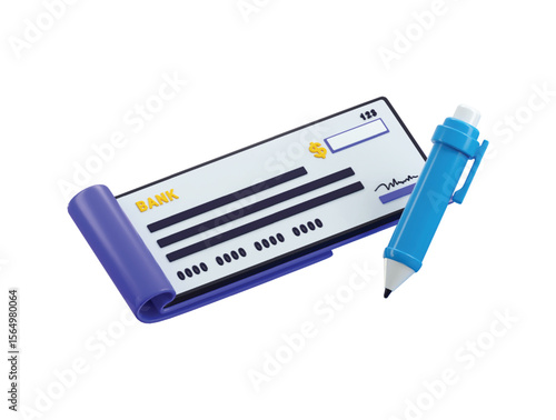 Bank check book with pen icon 3d render concept of banking transaction passbook, banking saving money invoice, bank check payment online financial business transaction icon vector illustration