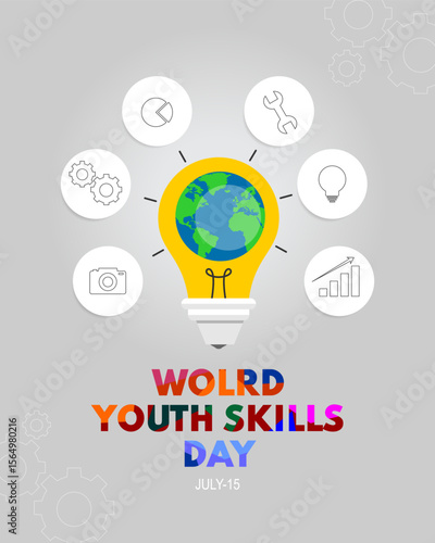 Flat design poster for World Youth Skills Day with a world map inside a light bulb, surrounded by skill icons and colorful text, symbolizing global youth creativity.