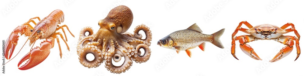 Obraz premium Sea creatures set isolated on transparent background PNG. Crayfish, lobster, fish, octopus