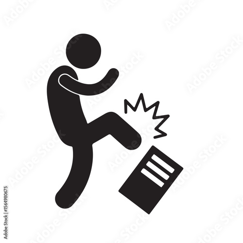 Warning sign of person kicking computer, caution symbol for equipment damage risk