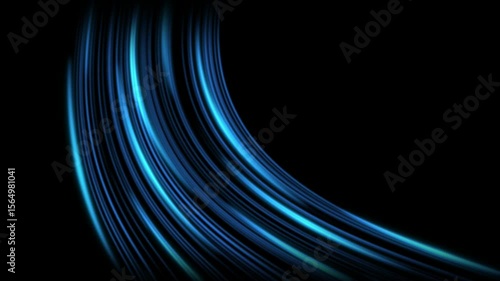 Cold air flow from conditioner effect. air light effect with blue rays. Freezing wind waves air blowing effect. Abstract directional optical fiber neon lines on black Background. Air cooling process