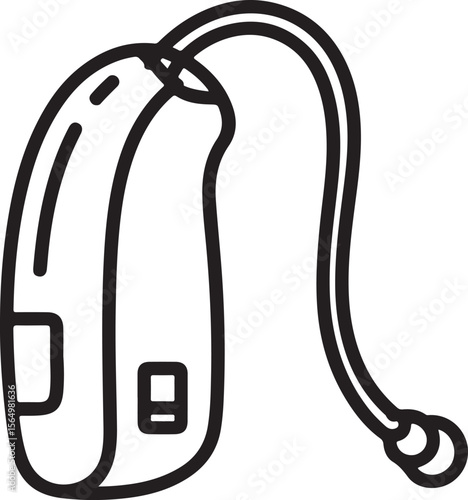 Black and white line drawing of a hearing aid with a tube and earpieces medical device assistive technology