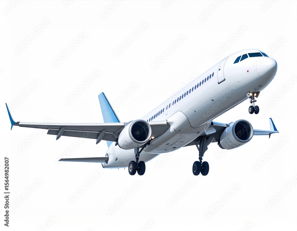 White Passenger Airplane in Flight Against White Background White Passenger Airplane in Flight Against White Background