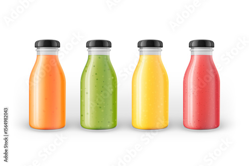 Colorful illustration of organic juices or smoothies in glass bottles with black cap. Fruit, berry and vegetable cocktail. Summer vitamin drinks isolated on white. Vector packaging mockup template