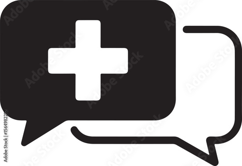 Minimalist black and white icon of two chat bubbles one with a white cross speech bubble medical