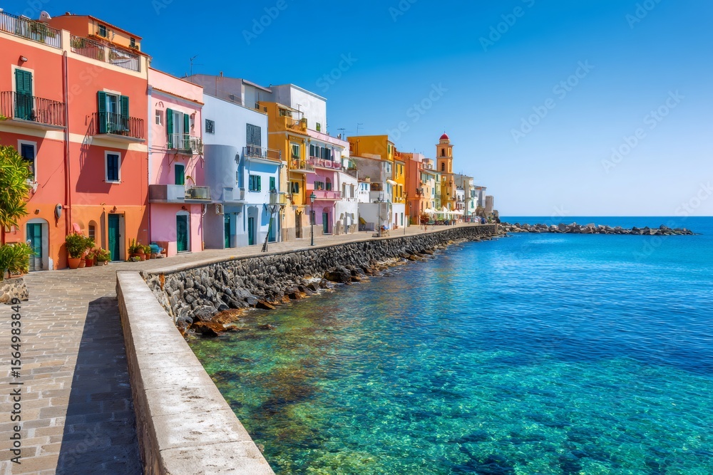 Obraz premium Colorful houses lining the coast of isola di procida, italy, during a sunny summer day