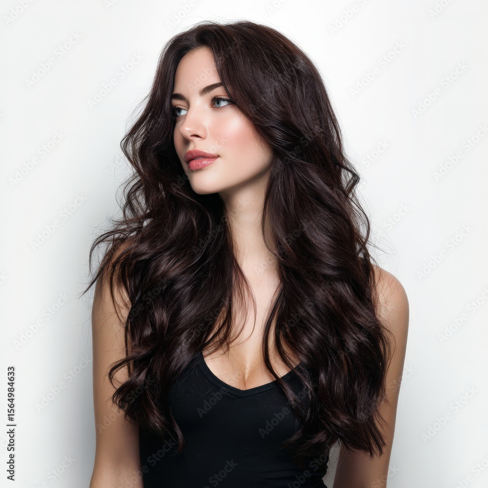 Naklejka premium Stunning brunette woman with long, wavy hair. Perfect for beauty, fashion, and haircare. Ideal for websites, magazines, and social media.