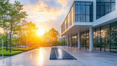 Modern office building at sunset with solar panels on paved ground. Lush greenery surrounds the building.