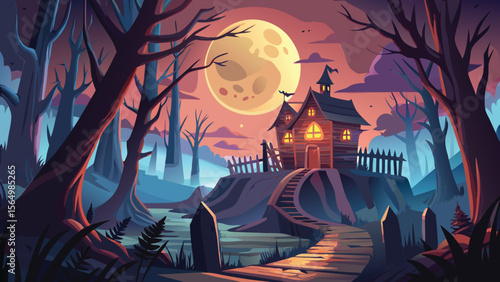 Scary Halloween night illustration with a haunted house in a dark forest under a spooky sky