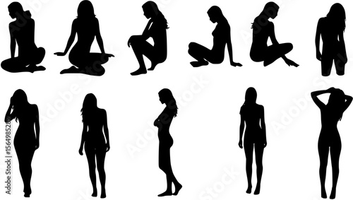 Set of sexy and sensual women posing silhouette vector.
