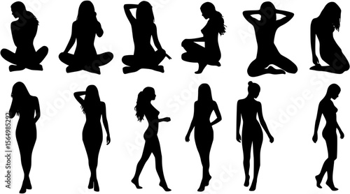 Set of sexy and sensual women posing silhouette vector.
