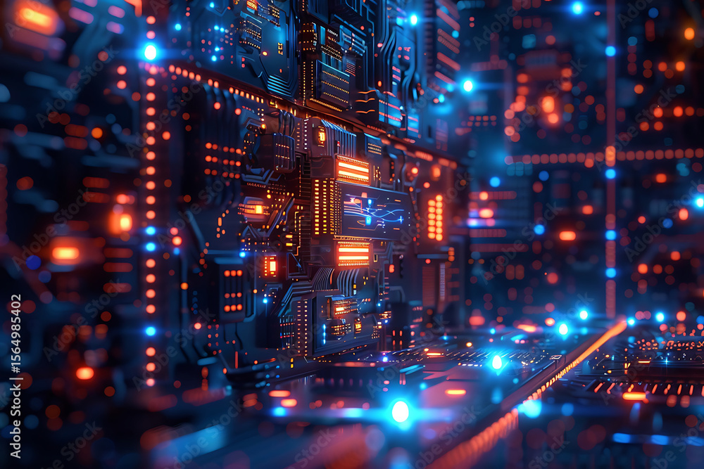 Fototapeta premium Circuit board glowing blue orange lights technology