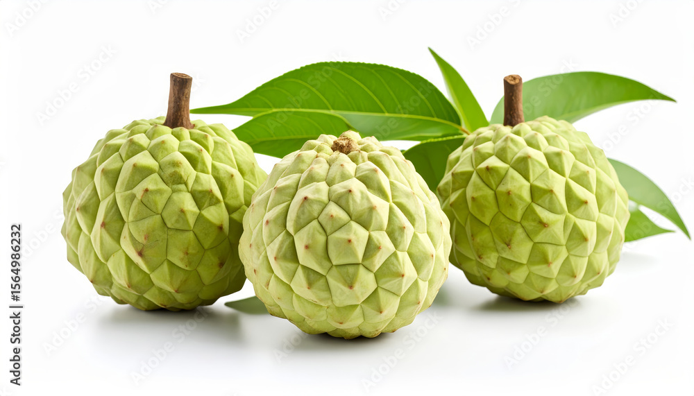 Fototapeta premium Three Sugar Apples with Green Leaves on a White Background, Studio Shot