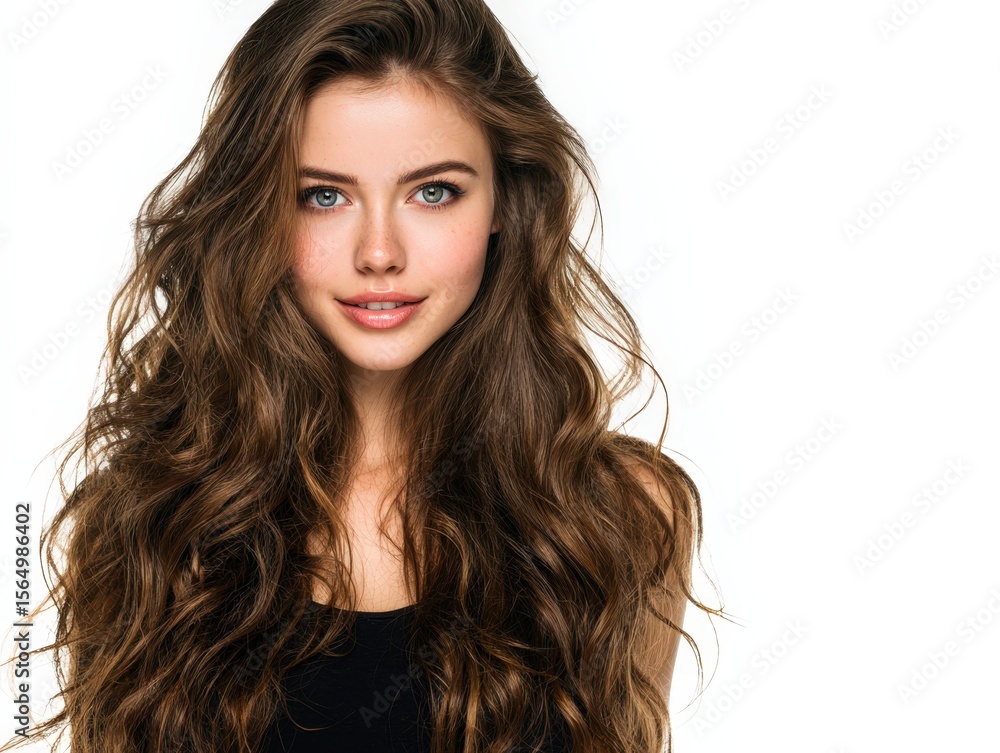 Naklejka premium Stunning portrait of a woman with long, wavy brown hair. Perfect for beauty, hair care, and fashion. Ideal for websites, magazines, and advertisements.