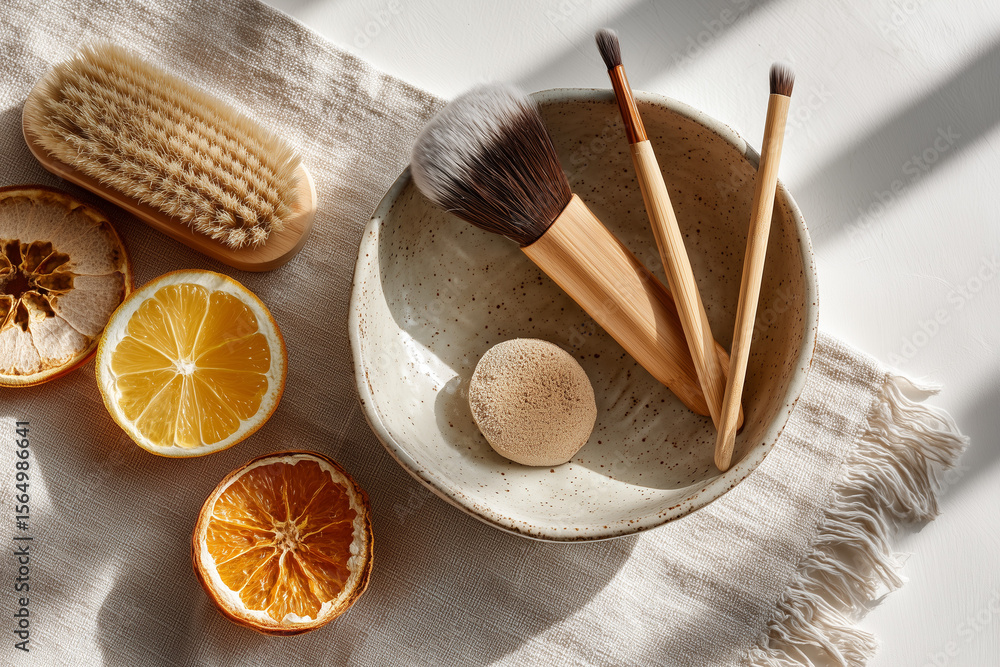 Fototapeta premium A vibrant flat-lay showcases natural beauty tools and citrus slices, emphasizing eco-friendly self-care and organic cosmetic routines in bright, inviting light.