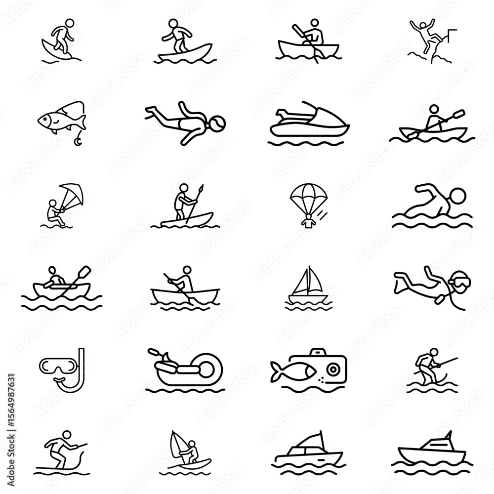 Fototapeta premium A collection of outline icons depicting various water sports and activities including swimming and boating
