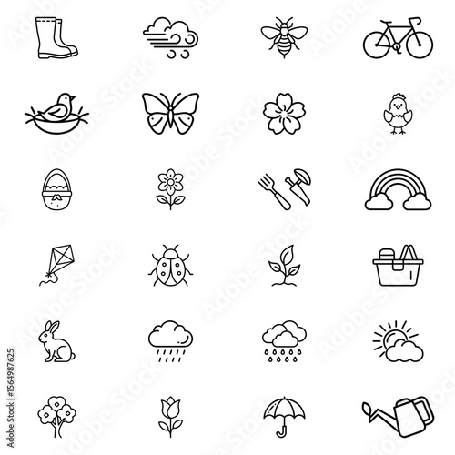 Collection of spring themed icons including animals, plants, weather, and outdoor activities in black outline