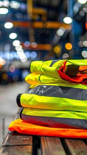 Bright Orange and Yellow Safety Vests Stacked in Factory