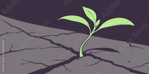 Bright green sprout coming out of stem cracked in purple background vector illustration