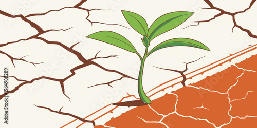 Bright green sprout coming out of stem cracked in orange white background vector illustration