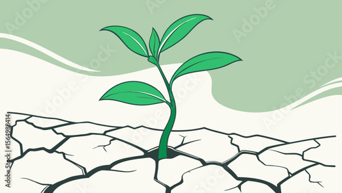 Bright green sprout coming out of stem cracked in green white  background vector illustration