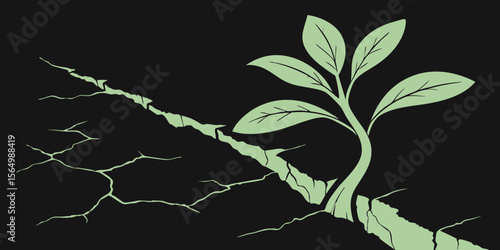 Bright green sprout coming out of stem cracked in black background vector illustration