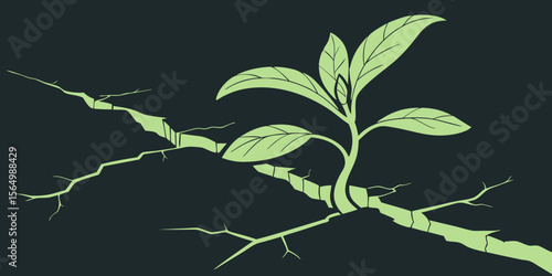 Bright green sprout coming out of stem cracked in green background vector illustration