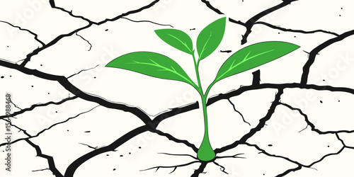 Bright green sprout coming out of stem cracked in white background vector illustration