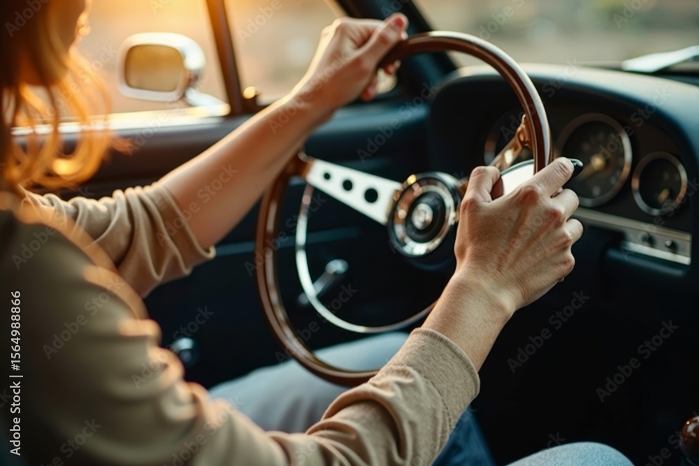 Naklejka premium Contrast of Vintage Car Steering Wheel and Smartphone Use While Driving