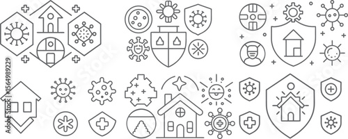 Health and Safety Icons Featuring Homes, Viruses, Shields, and Medical Symbols