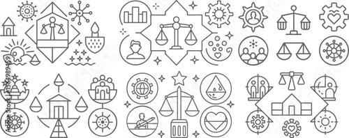 Comprehensive Collection of Symbolic Icons Representing Justice, Science, and Human Values