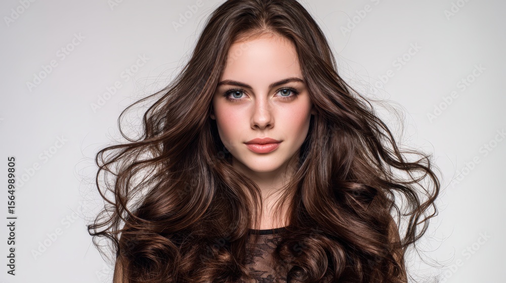 Fototapeta premium Stunning woman with long, flowing brown curls. Perfect for beauty, haircare, and fashion. Ideal for websites, magazines, and social media.