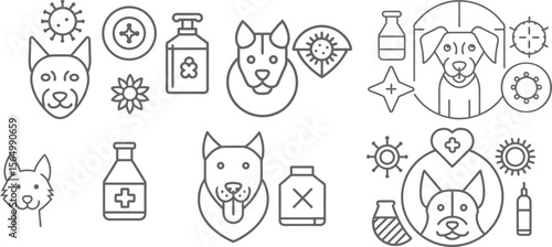 Collection of veterinary icons featuring dogs medical supplies and virus symbols for animal health and care concepts