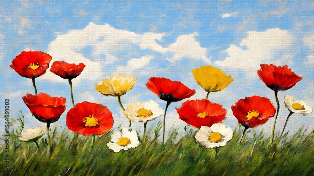 Fototapeta premium Vibrant Poppies and Daisies Summer Meadow Painting