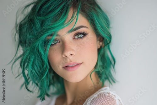 Stylish portrait of a young woman with vibrant green hair. Perfect for fashion, beauty, and haircare advertising. Ideal for websites and editorial use.