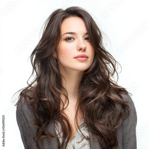 Stunning woman portrait, long brown hair. Elegant, serene beauty. Ideal for fashion, beauty, haircare, and cosmetics. Perfect for websites and print media.