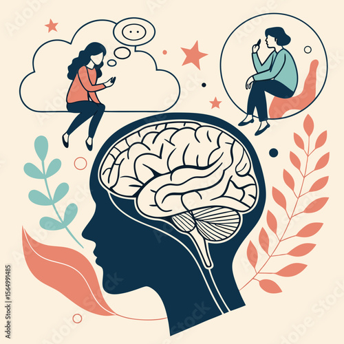 Psychology, Dream, Mental Health concept illustration. Brain, neuroscience and creative mind poster, cover