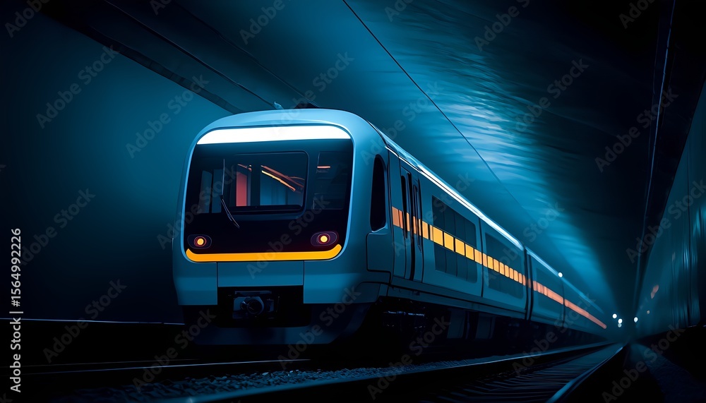 Naklejka premium Modern subway train speeding through tunnel lit with dramatic blue lights