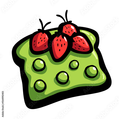 Silhouette of toast with mashed peas and strawberries, colorful food illustration