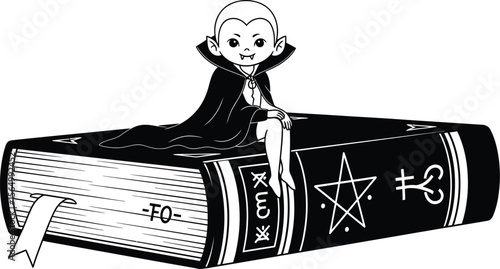 Cartoon vampire sitting on a large black book with occult symbols drawn on