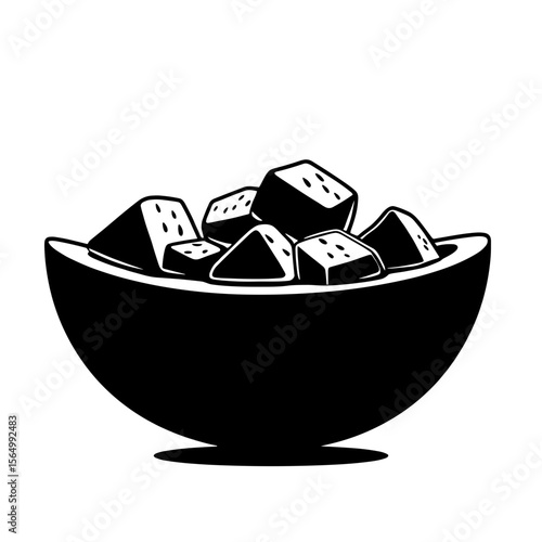 Silhouette of watermelon and feta cubes in bowl, fresh summer snack icon