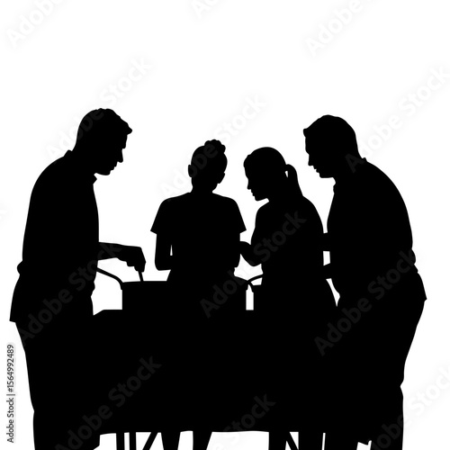 Silhouette of group in cooking class stirring pots, culinary education teamwork