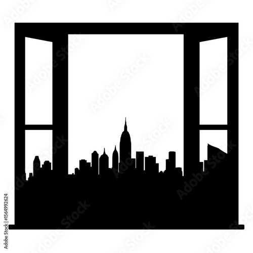 Silhouette city skyline through window, urban escape imagery