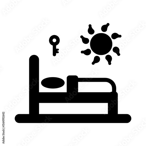 Vacation icon with sun, bed, and key silhouette, leisure travel symbol