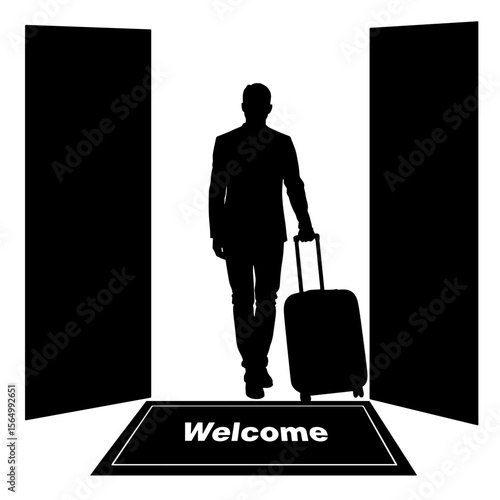 Silhouette of person with suitcase entering room on welcome mat, guest arrival