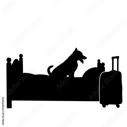Silhouette of dog on rental bed with suitcase, pet-friendly travel accommodation