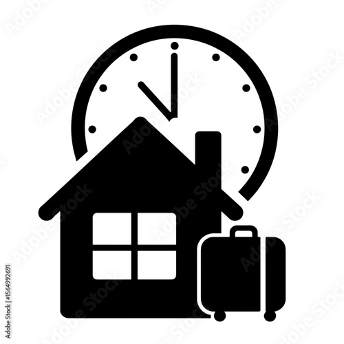 House silhouette with suitcase and clock, temporary living travel concept